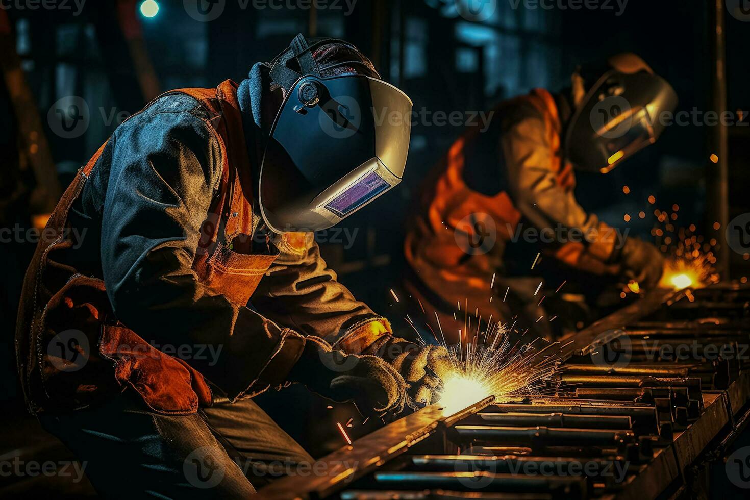 Welding team using safety gear producing metal joints in heavy industry photo