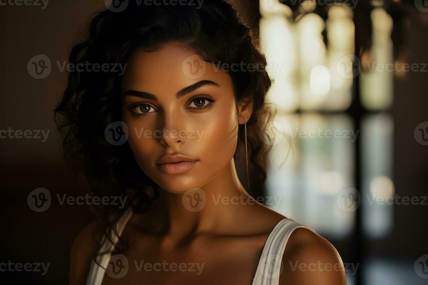 Model gazes at camera elegantly poses caressing flawless countenance photo