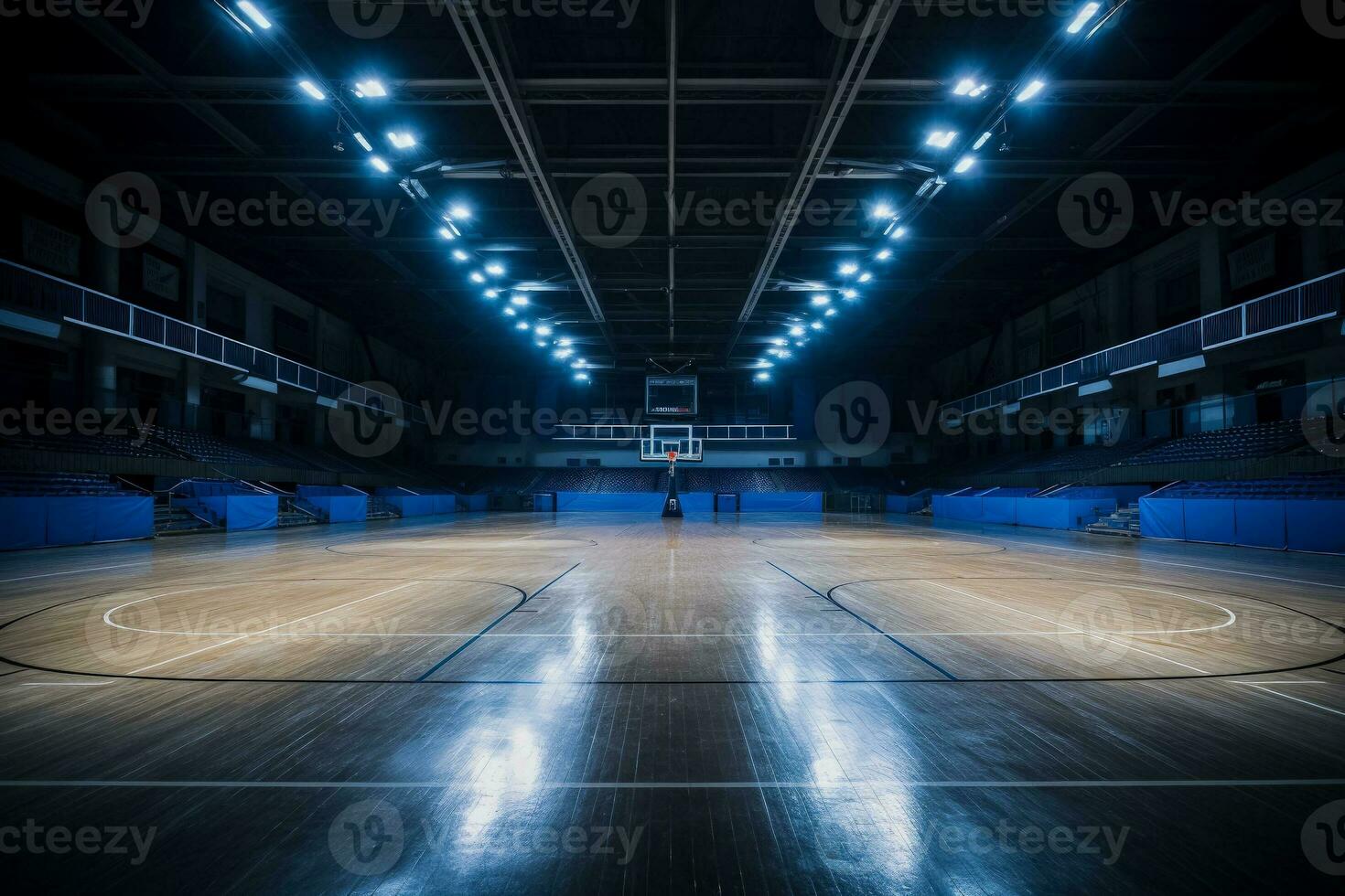 Dramatically lit empty basketball arena view from free throw line photo