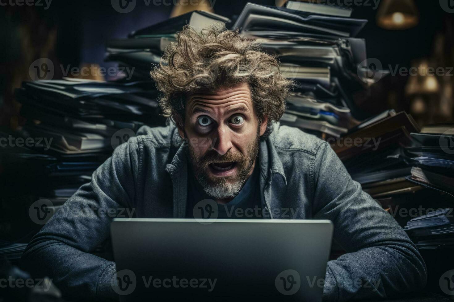 Stressed man madly working on laptop disheveled hair in chaos photo