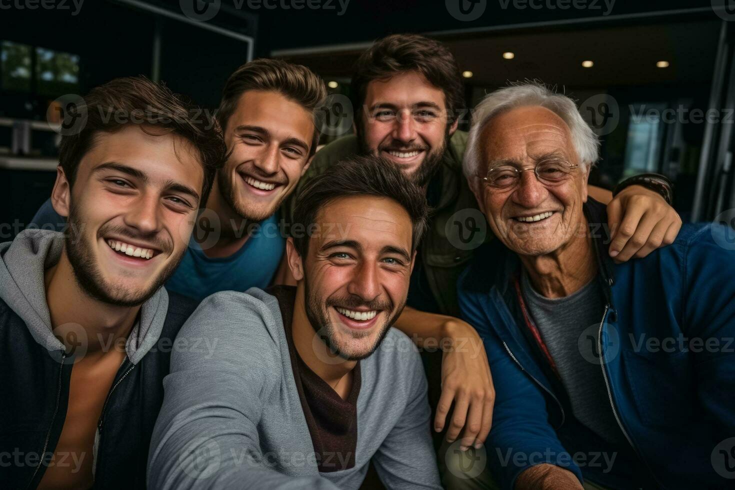 Five Men Sitting Joyfully on Sofa Capturing Family and Friendship photo