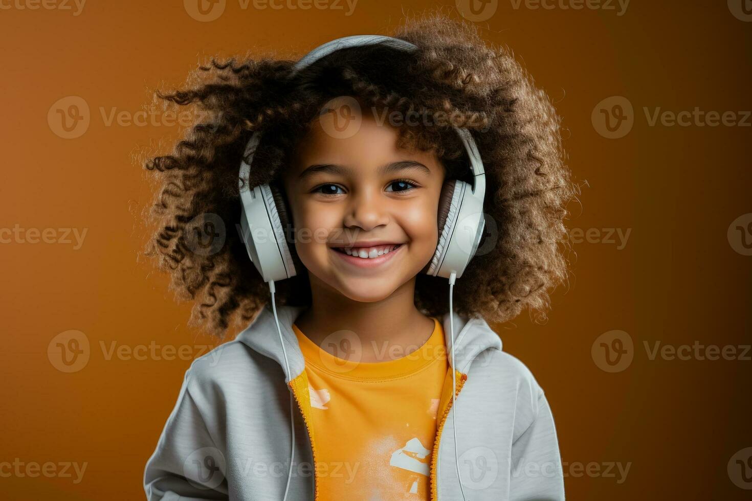 Cute Hispanic child girl proud smiles wearing gym clothes headphones photo