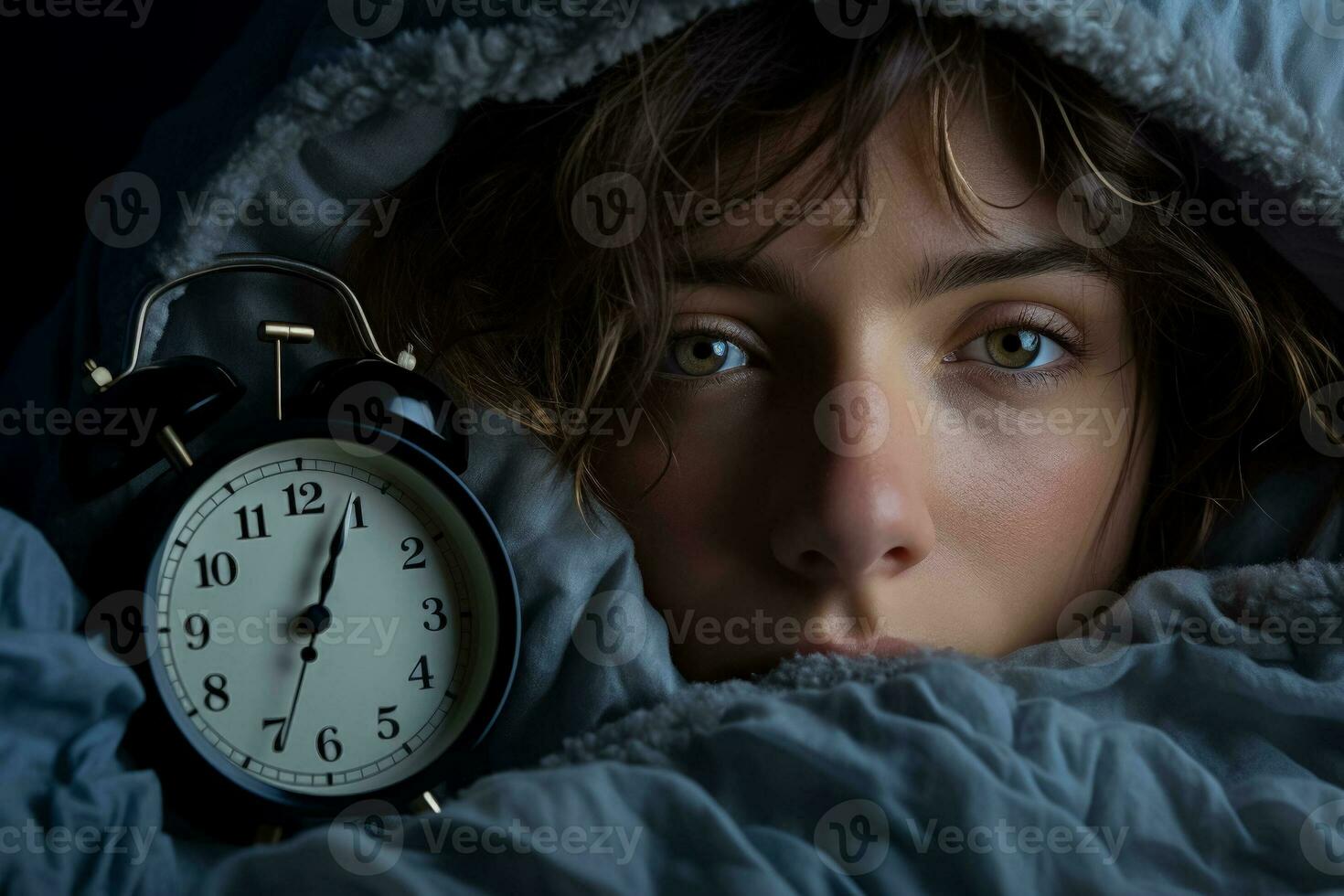 Covered face insomnia theme focused on alarm clock and person photo