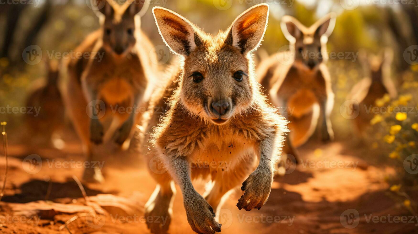 Wild kangaroos propel through vast sun drenched Australian Outback terrains photo