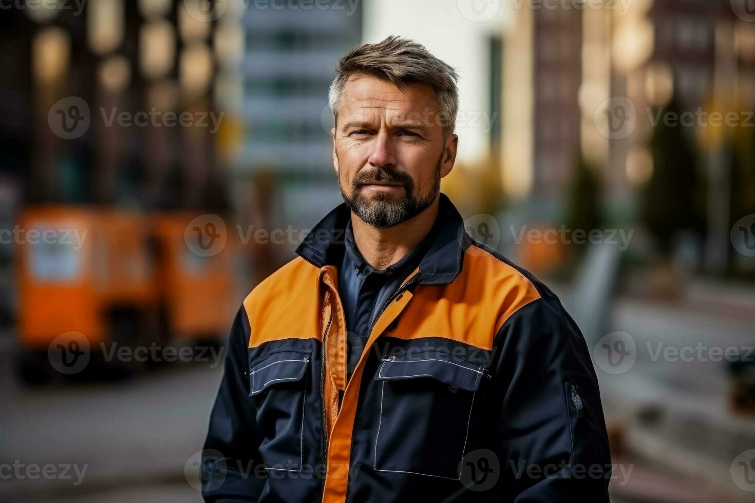 Engineer in construction uniform stands on city construction site photo