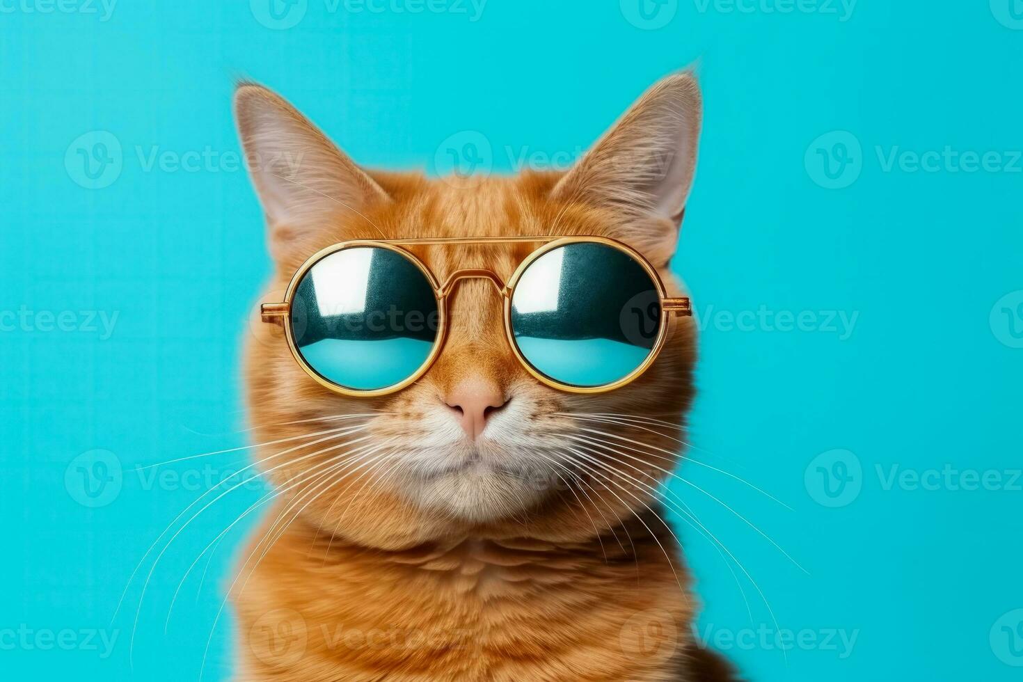 Funny ginger cat wearing sunglasses poses for closeup on cyan background photo