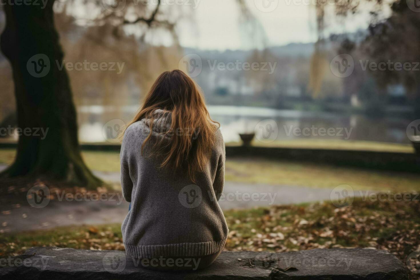 Lonely depressed girl seeks psychological help after breakup or divorce photo