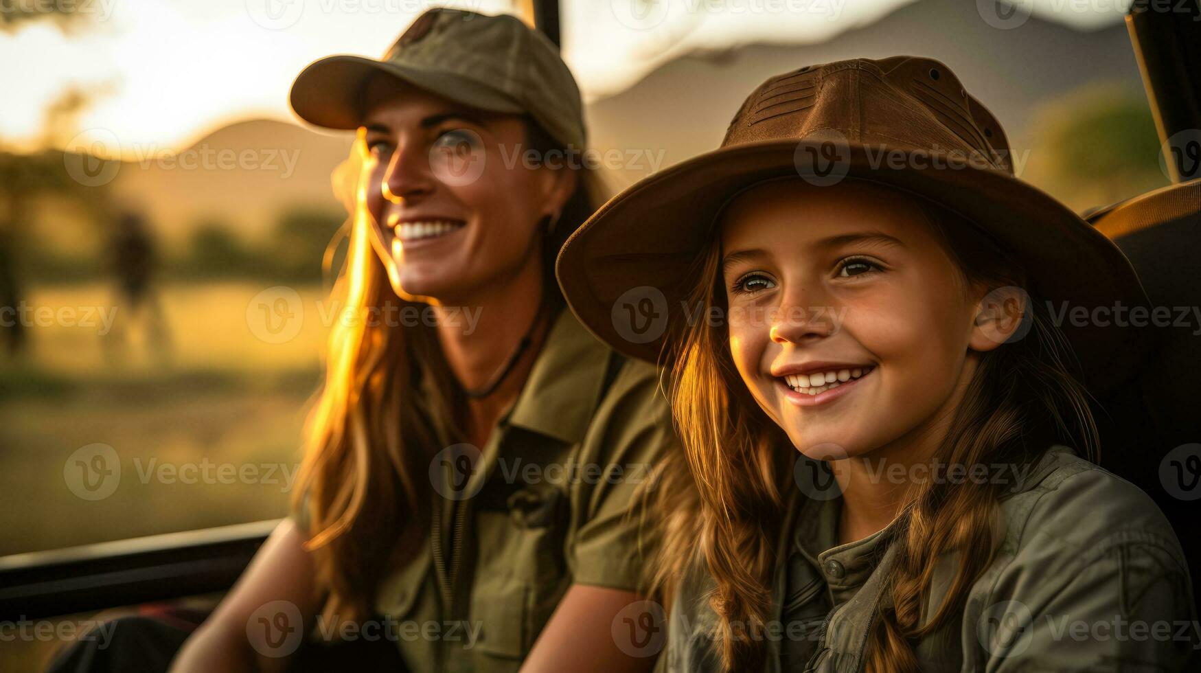 Family experiencing fascinating wildlife safari adventure from a rugged jeep photo