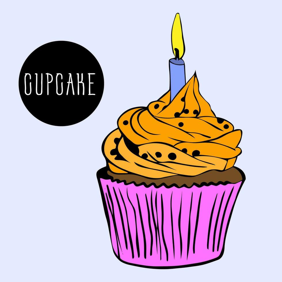 festive cupcake is decorated with whipped pumpkin cream, sprinkles and burning candle. Delicious sweet pastries. vector