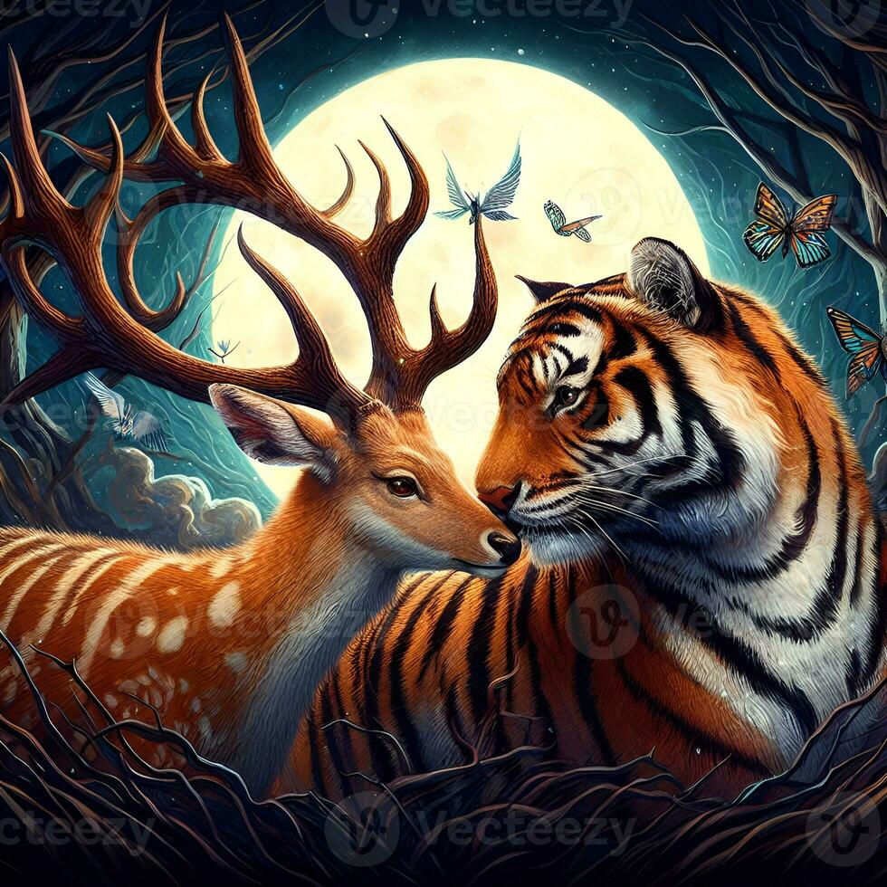 Enchanted Encounter, A Whimsical Tale of Deer and Tiger Love in Fantasy Splendor. AI Generated photo