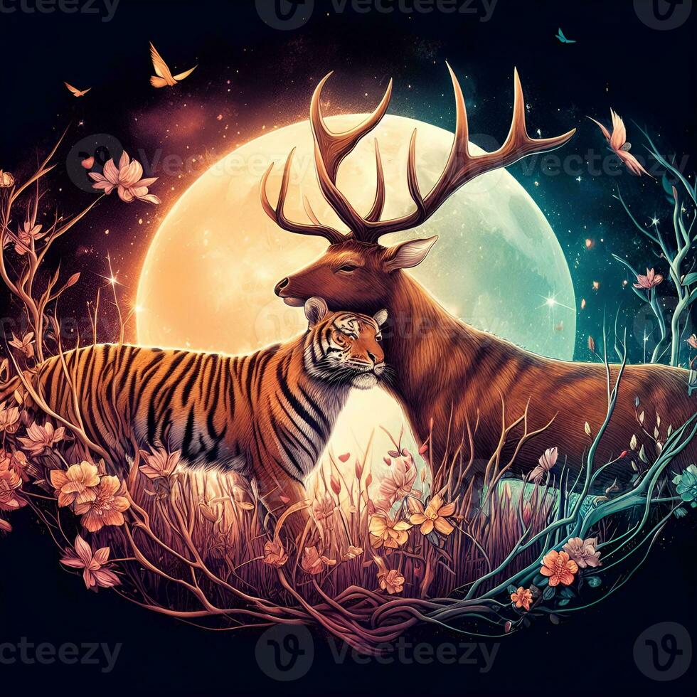 Enchanted Encounter, A Whimsical Tale of Deer and Tiger Love in Fantasy Splendor. AI Generated photo