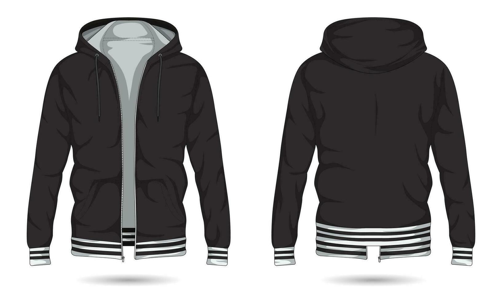 Black hoodie jacket template with zipper front and back view vector