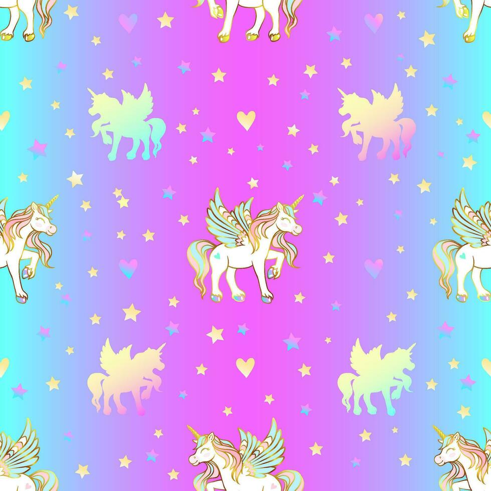 Cute magical unicorn with wings, hearts and stars. Seamless pattern on a reinbow background. vector