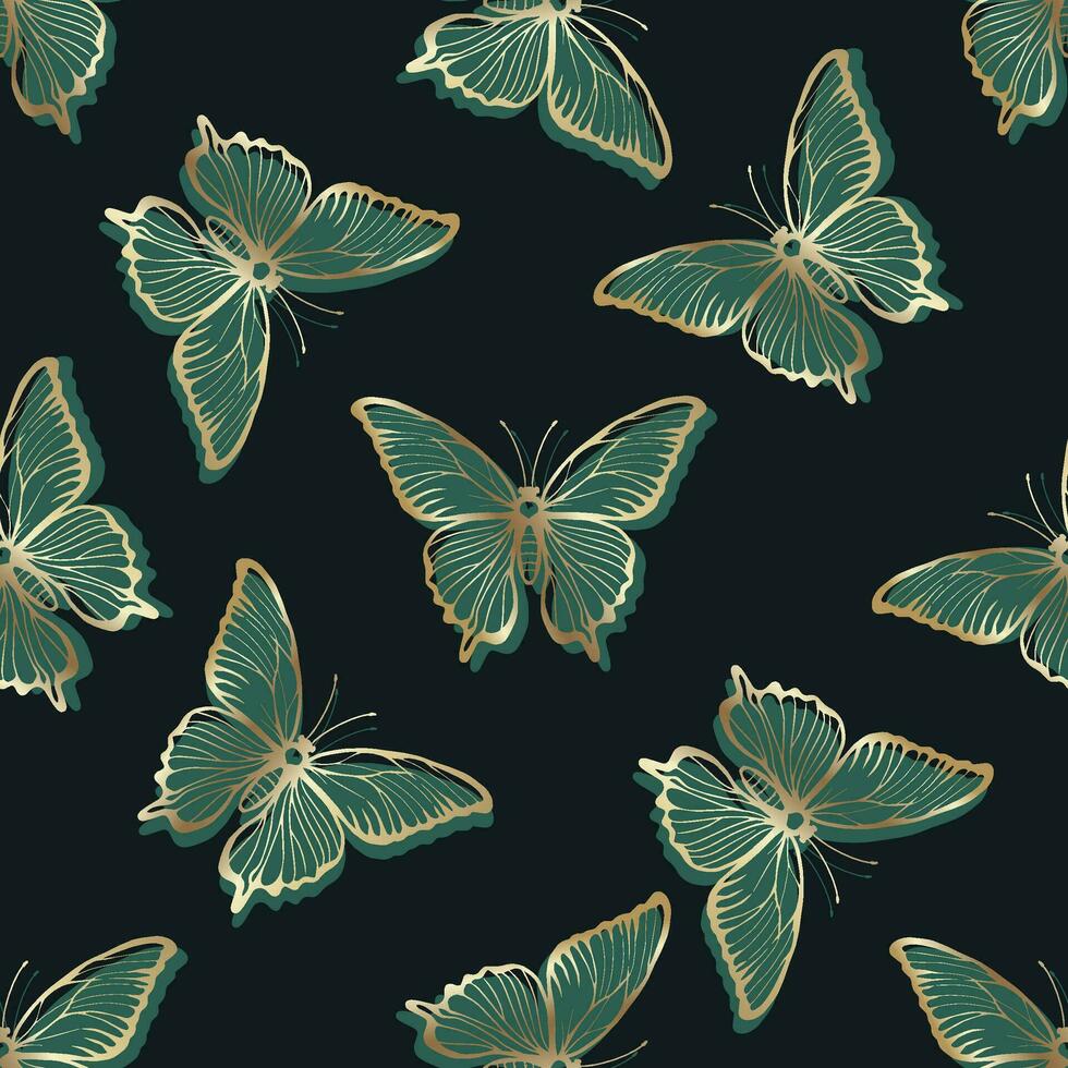 Golden green butterflies on a dark background. Seamless pattern of moths. vector