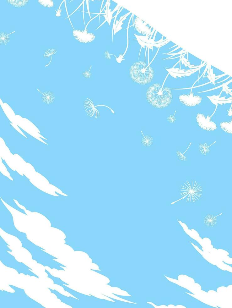 Summer blue background of sky, grass and dandelions, flowers, fluff and clouds. vector