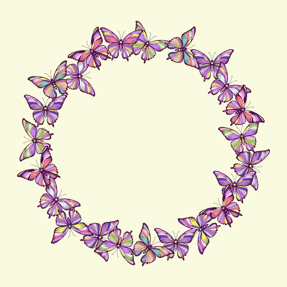 Round frame of colorful butterflies. Vector illustration.