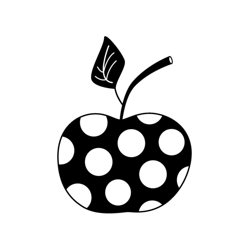 Apple with twig and leaf. Vector illustration. Black and white drawing of apple with polka dot pattern. Funny fruit for children print or unusual design. Hand drawn doodle style.