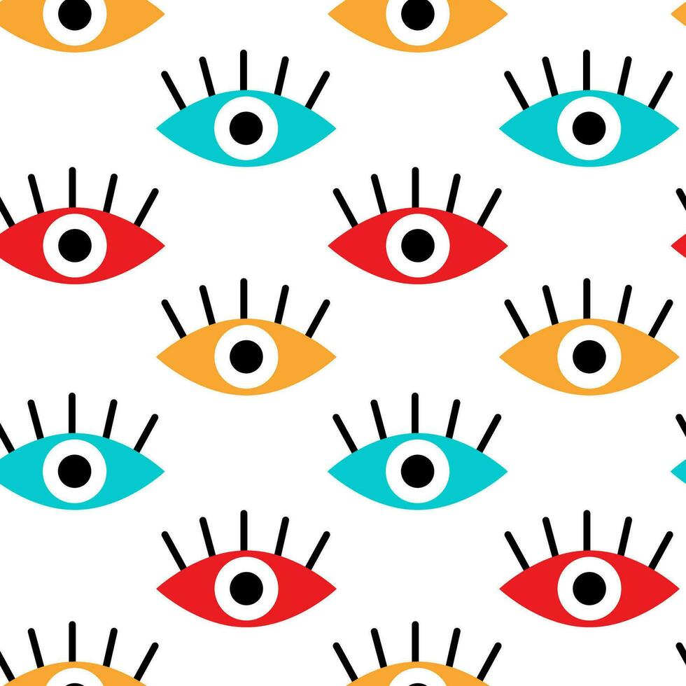 Seamless pattern with eyes with eyelashes. Abstract multicolored vector illustration. Background with eyes in trendy and bright colors. Modern creative print.