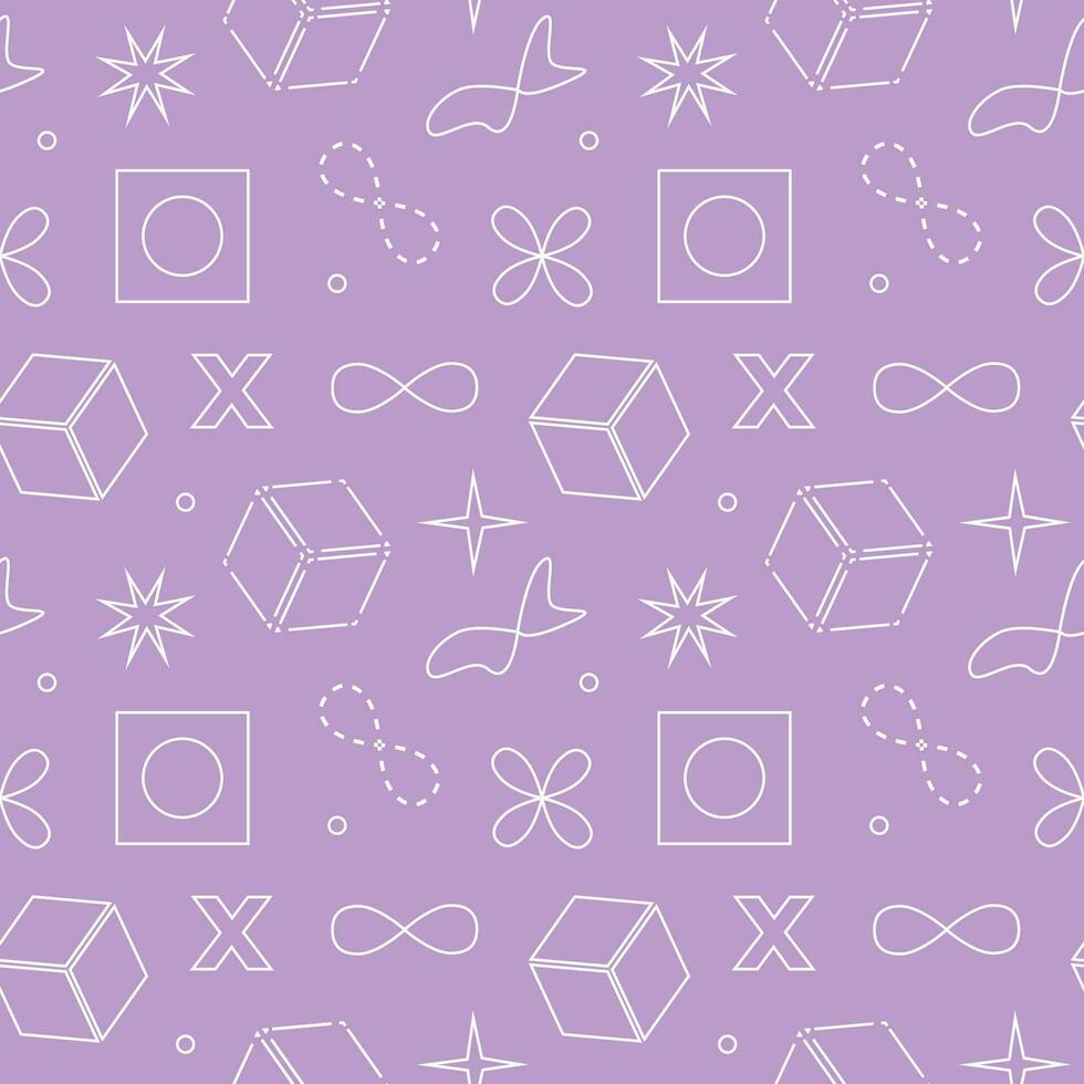 Retro futuristic seamless pattern with geometric shapes. Vector illustration of cube, infinity symbol, stars. Background with different symbols, signs and futuristic objects.