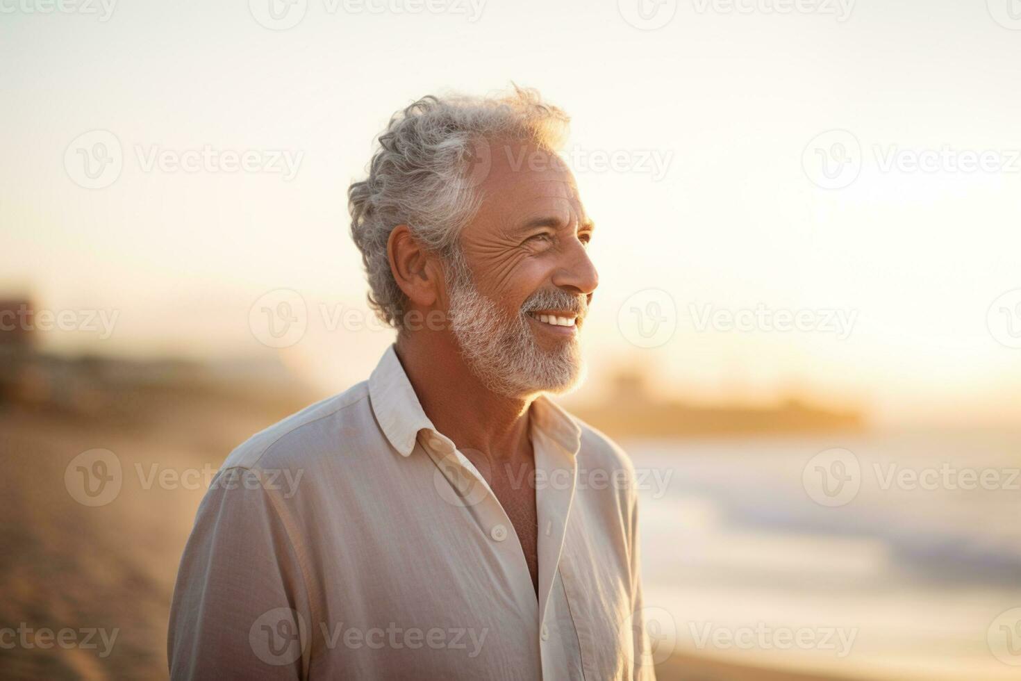 senior man standing and looking at the sky at the seaside photo