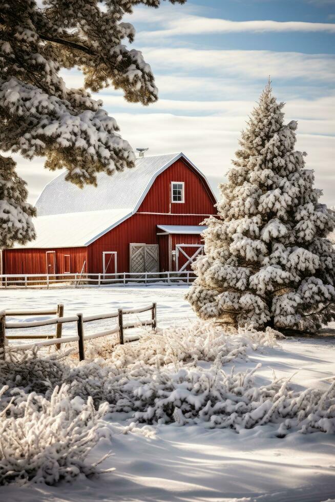 A snowy landscape with a red barn and a decorated evergreen tree photo