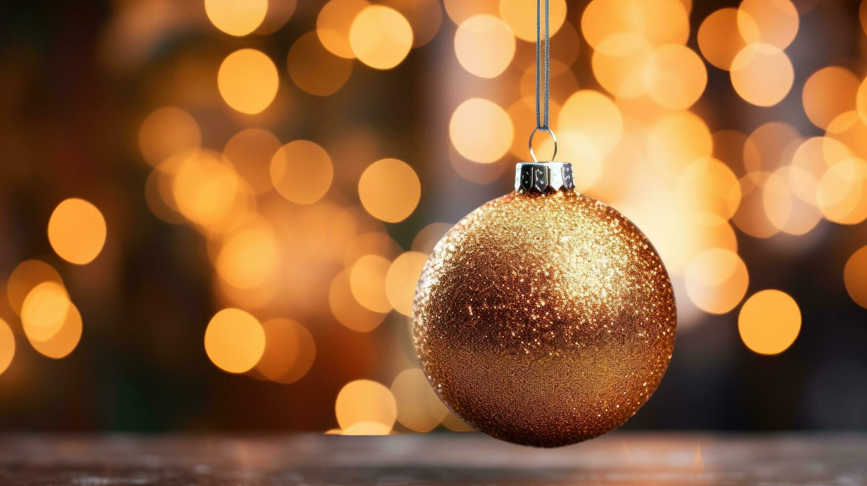 A close-up of a Christmas tree ornament with a blurred background of bokeh lights and large copy space. photo