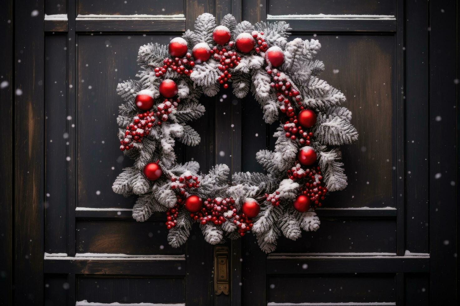 A festive wreath hanging on a wooden door, surrounded by falling snowflakes. photo