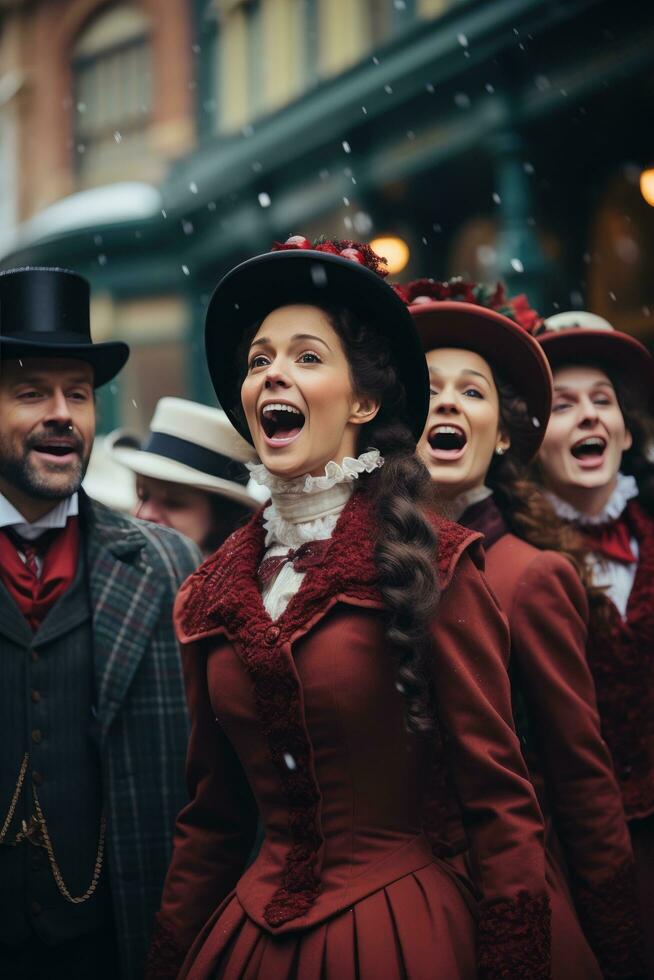 un grupo de villancicos vestido en victoriano atuendo canto en un Nevado calle. foto