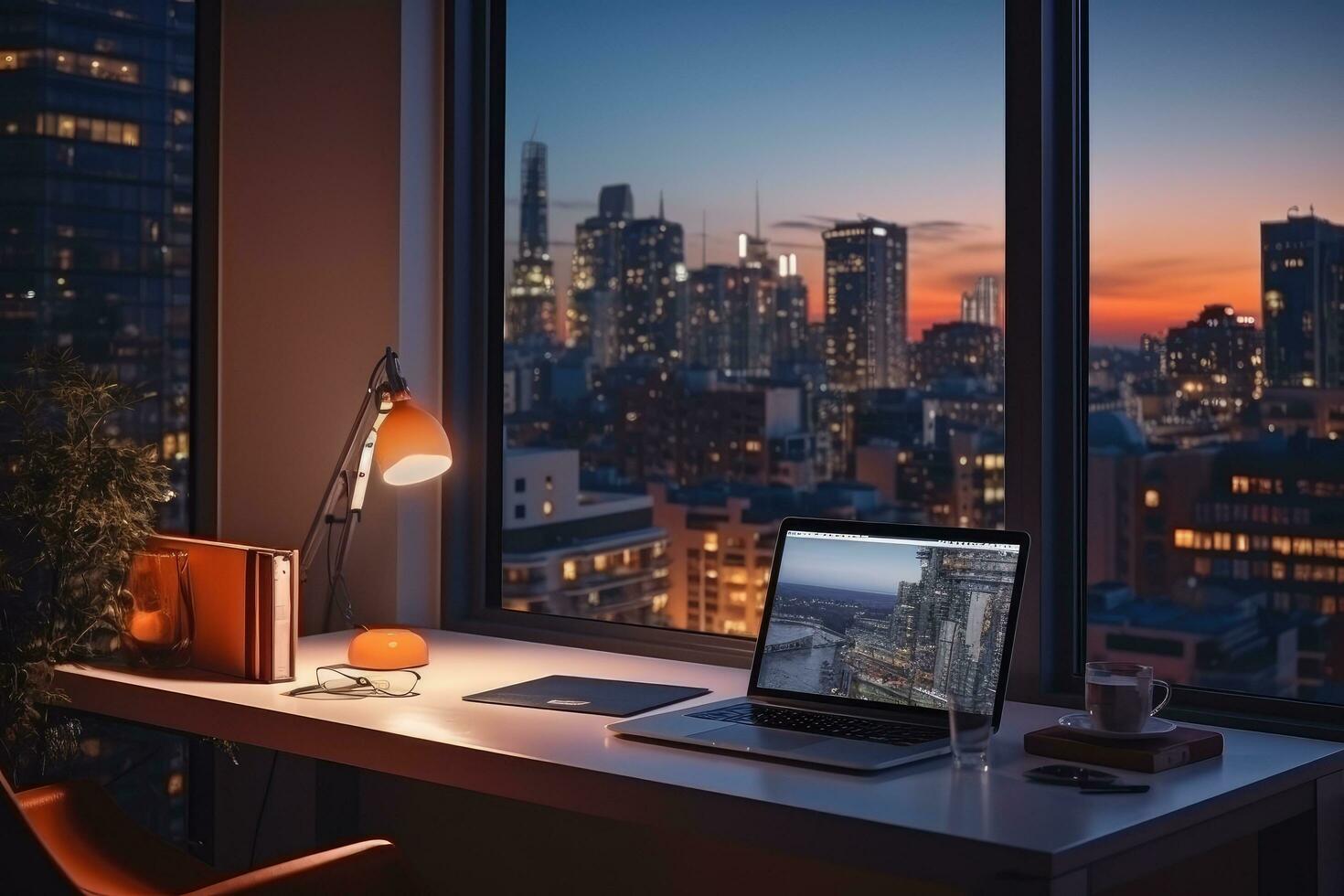 computer desk and camera in office with blurred window view photo