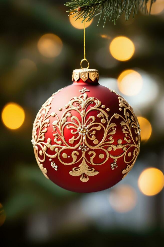 Close-up of a red and gold Christmas ornament on a tree photo