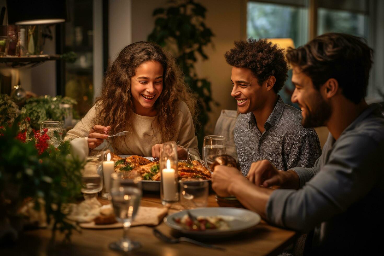 Family gathered around a fireplace, opening presents photo