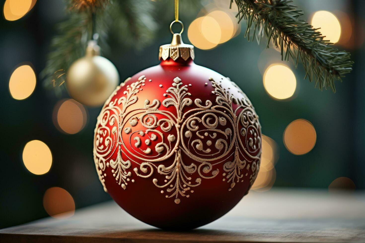 Close-up of a red and gold Christmas ornament on a tree photo