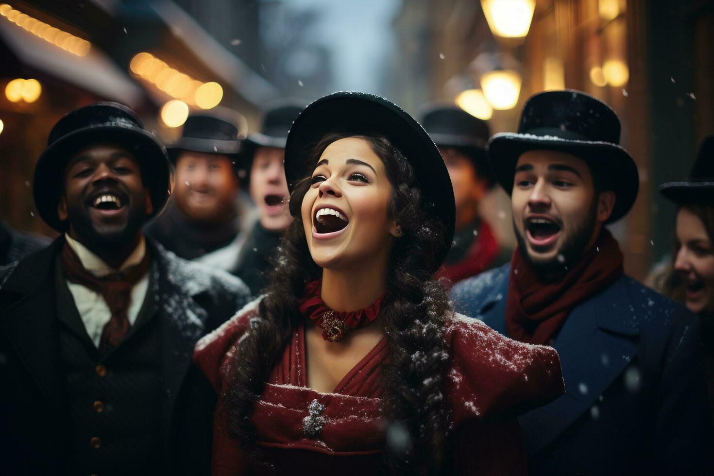 A group of carolers dressed in Victorian attire singing on a snowy street. photo