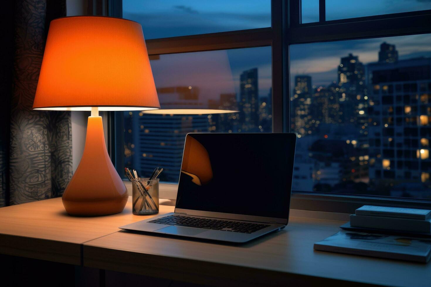 computer desk and camera in office with blurred window view photo