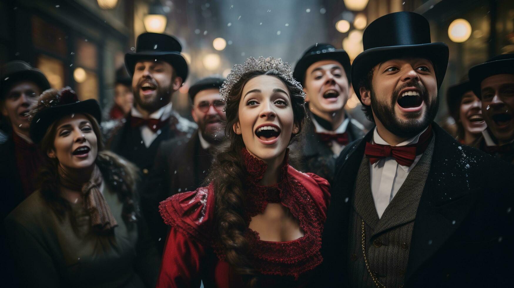 A group of carolers dressed in Victorian attire singing on a snowy street. photo