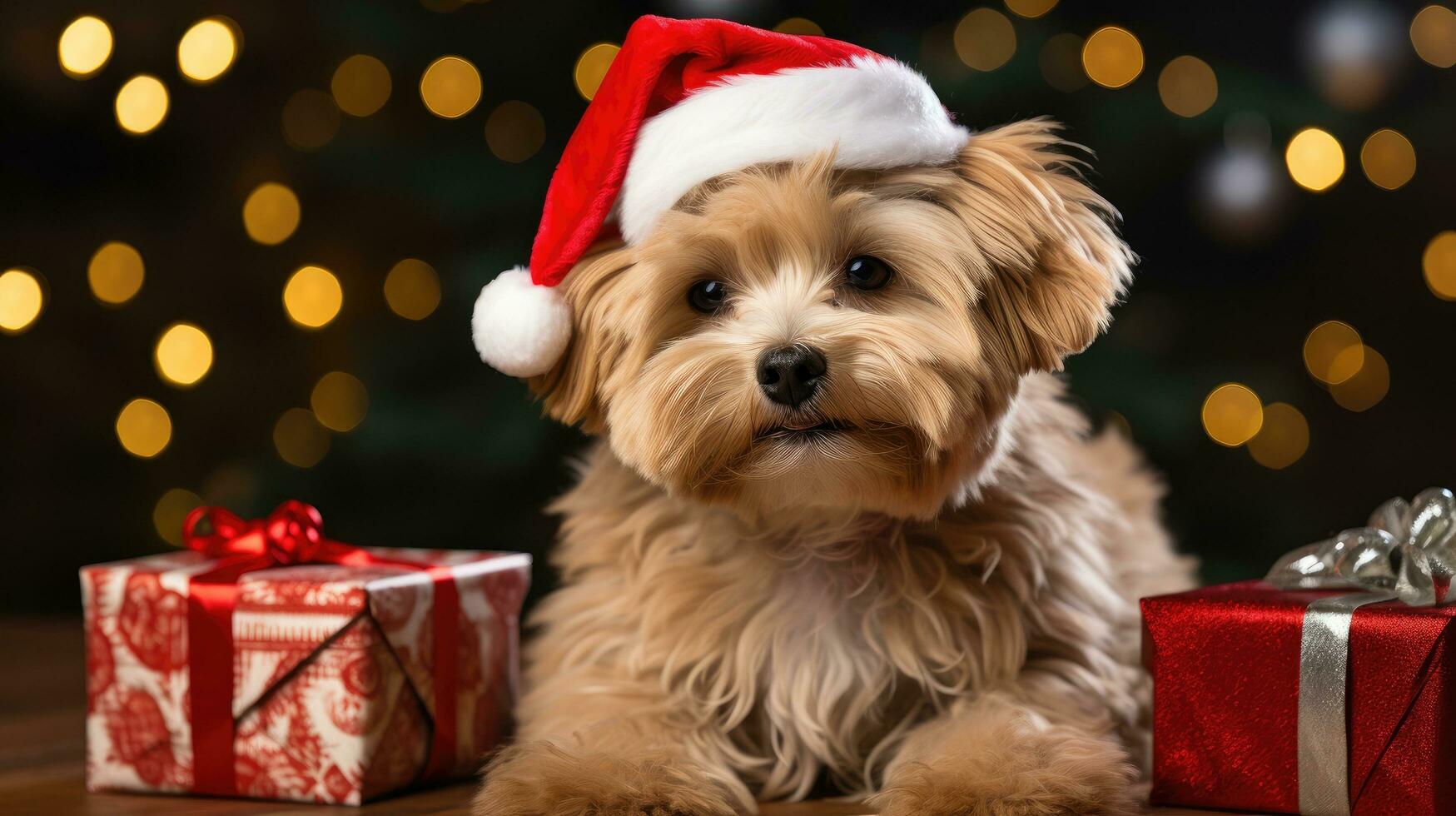 un perro vistiendo un Papa Noel sombrero sentado siguiente a un envuelto presente foto