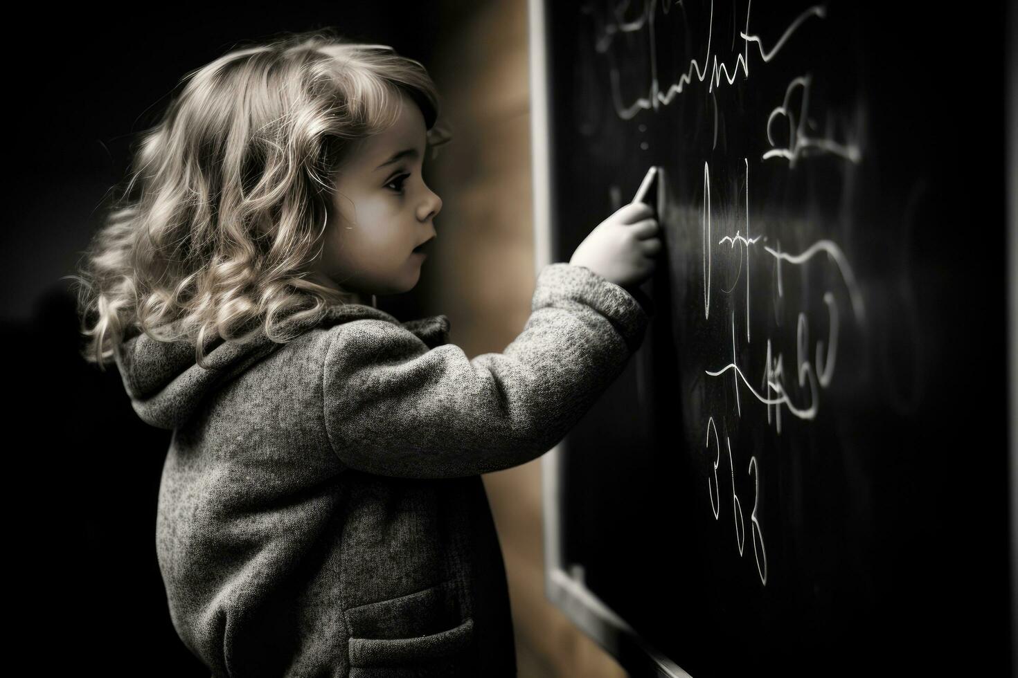 pequeño niña escritura en un pizarra foto