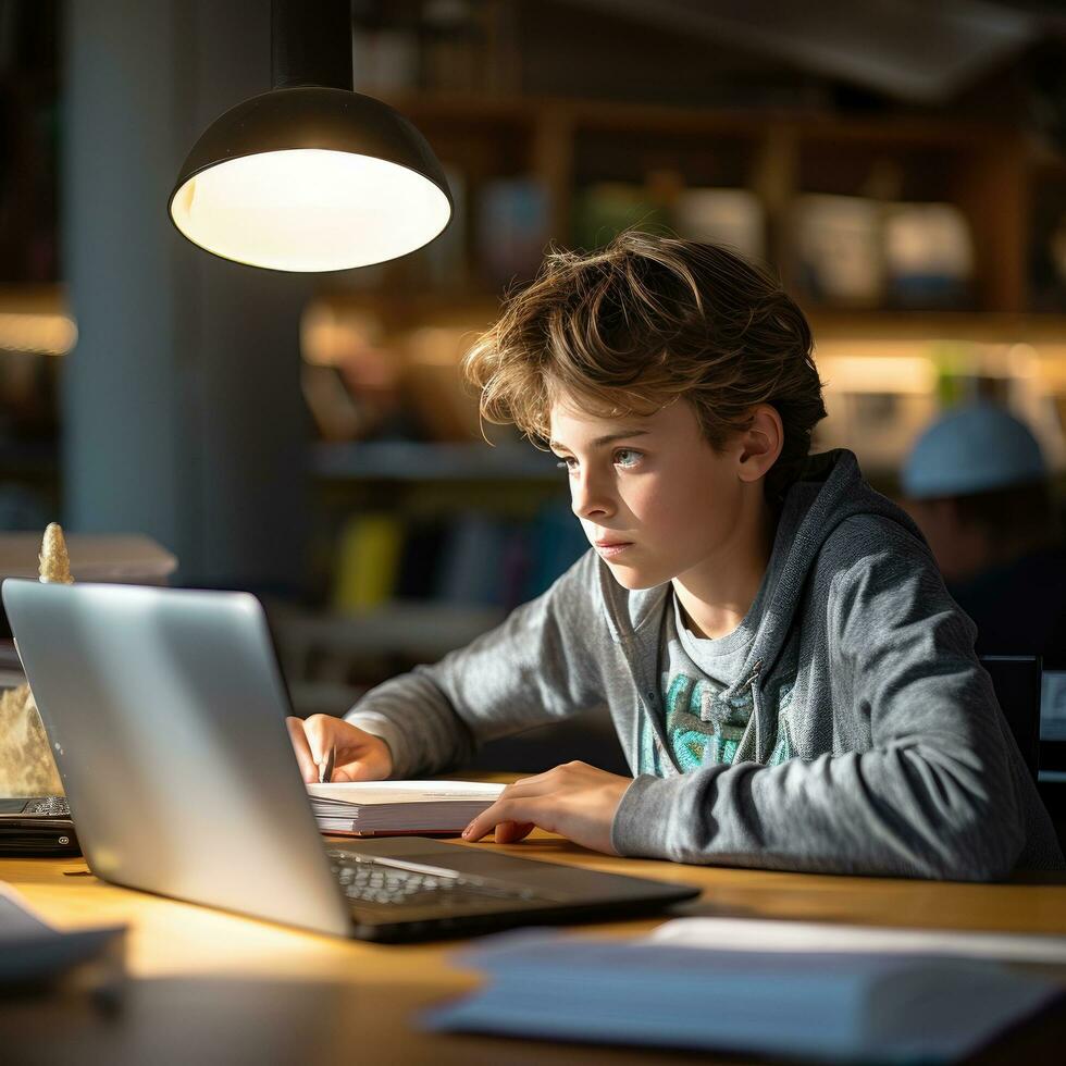 Boy studying with a laptop and notebook photo