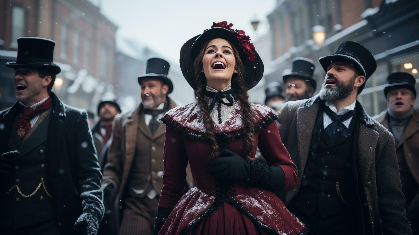 A group of carolers dressed in Victorian attire singing on a snowy street. photo