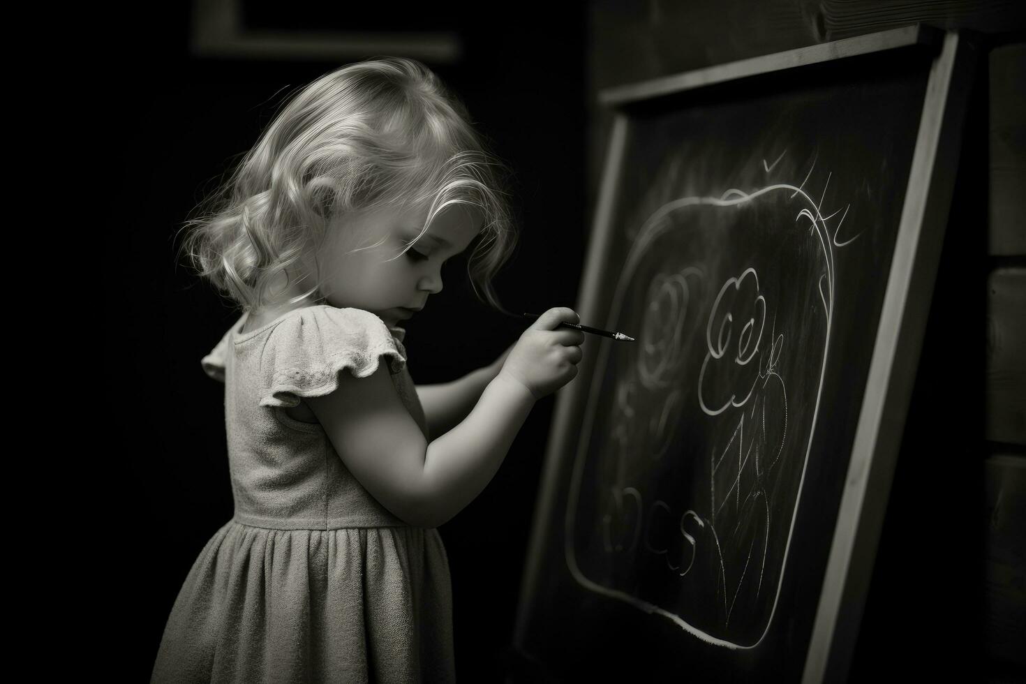 Little girl writing on a chalkboard photo