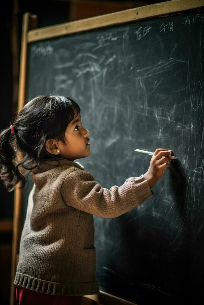 Little girl writing on a chalkboard photo