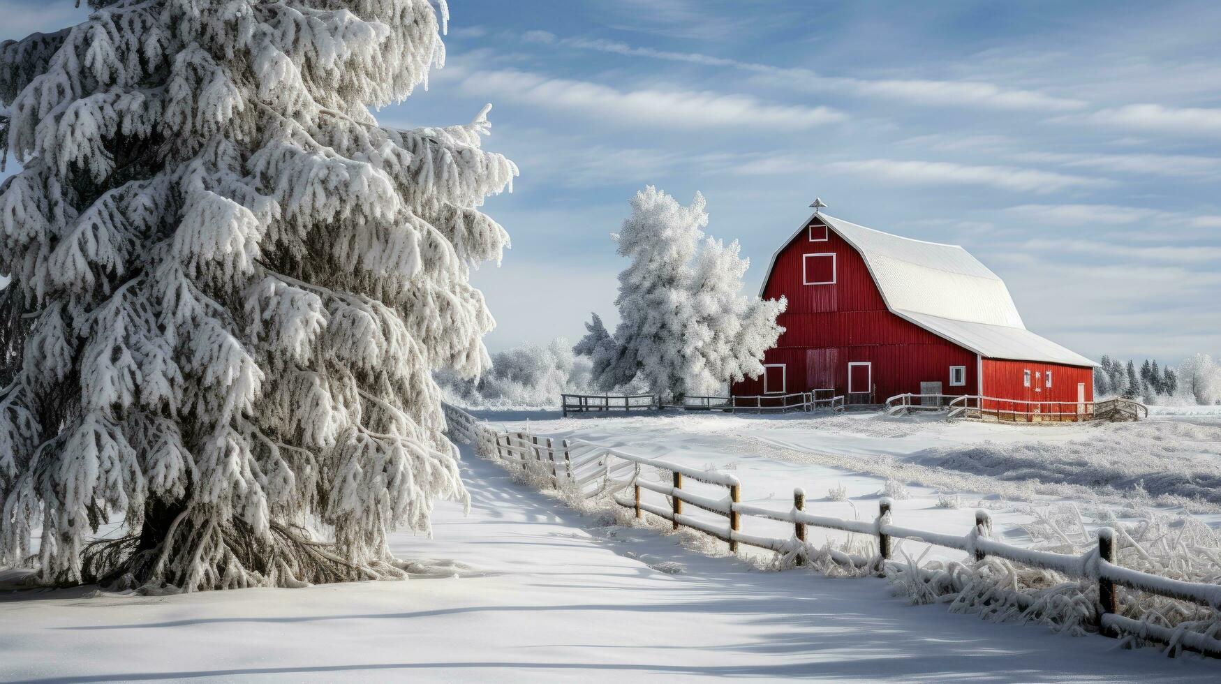 A snowy landscape with a red barn and a decorated evergreen tree photo