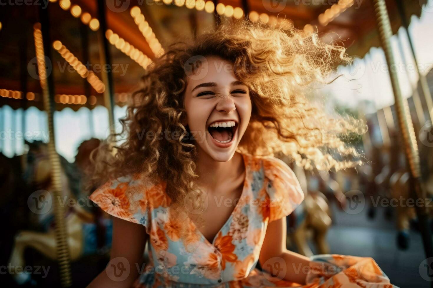 Excited the joyful girl happily spins on the vibrant carousel photo
