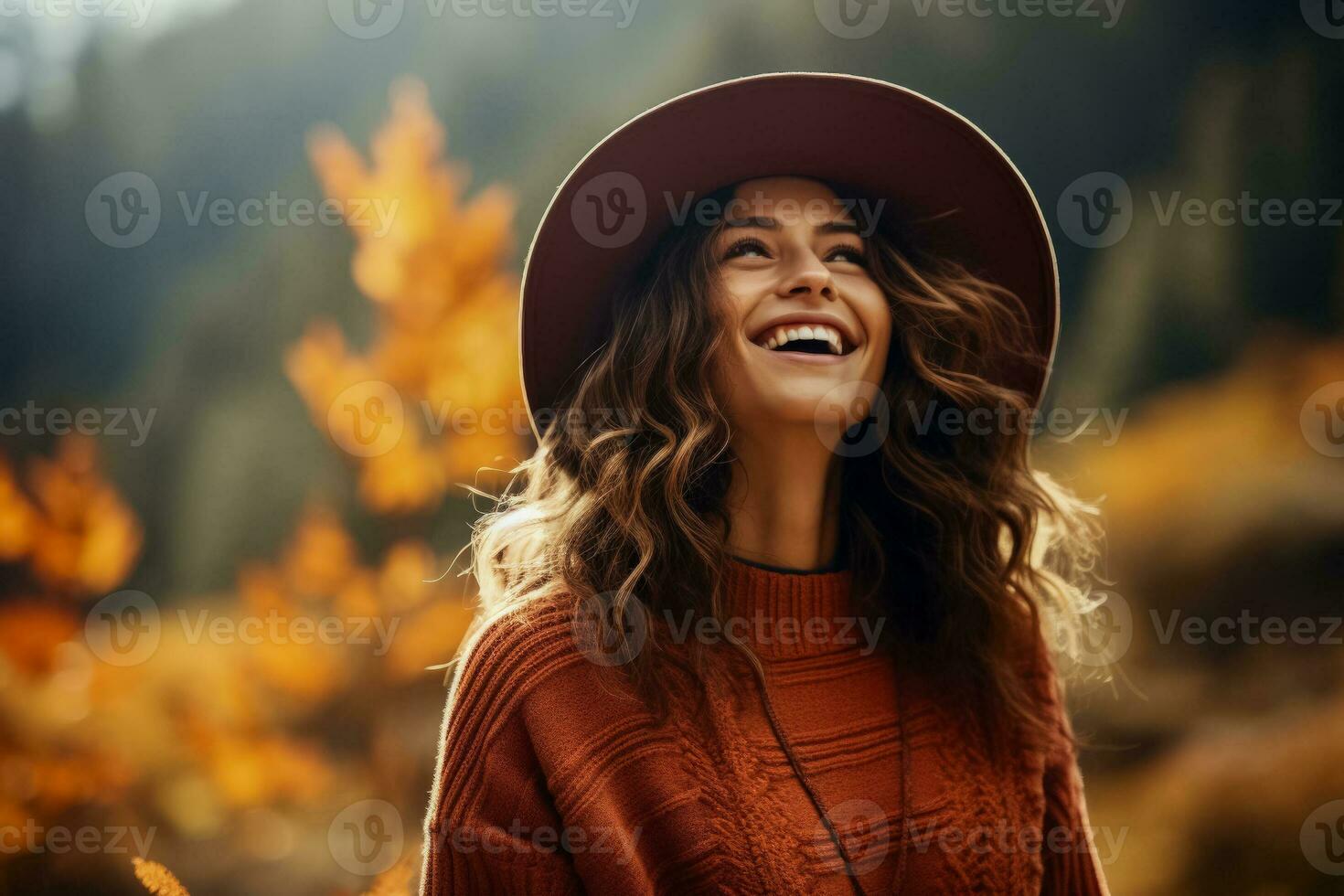 Stylish woman adorned in sweater and hat joyfully explores autumn forest experiencing natures blissful freedom and relaxation photo