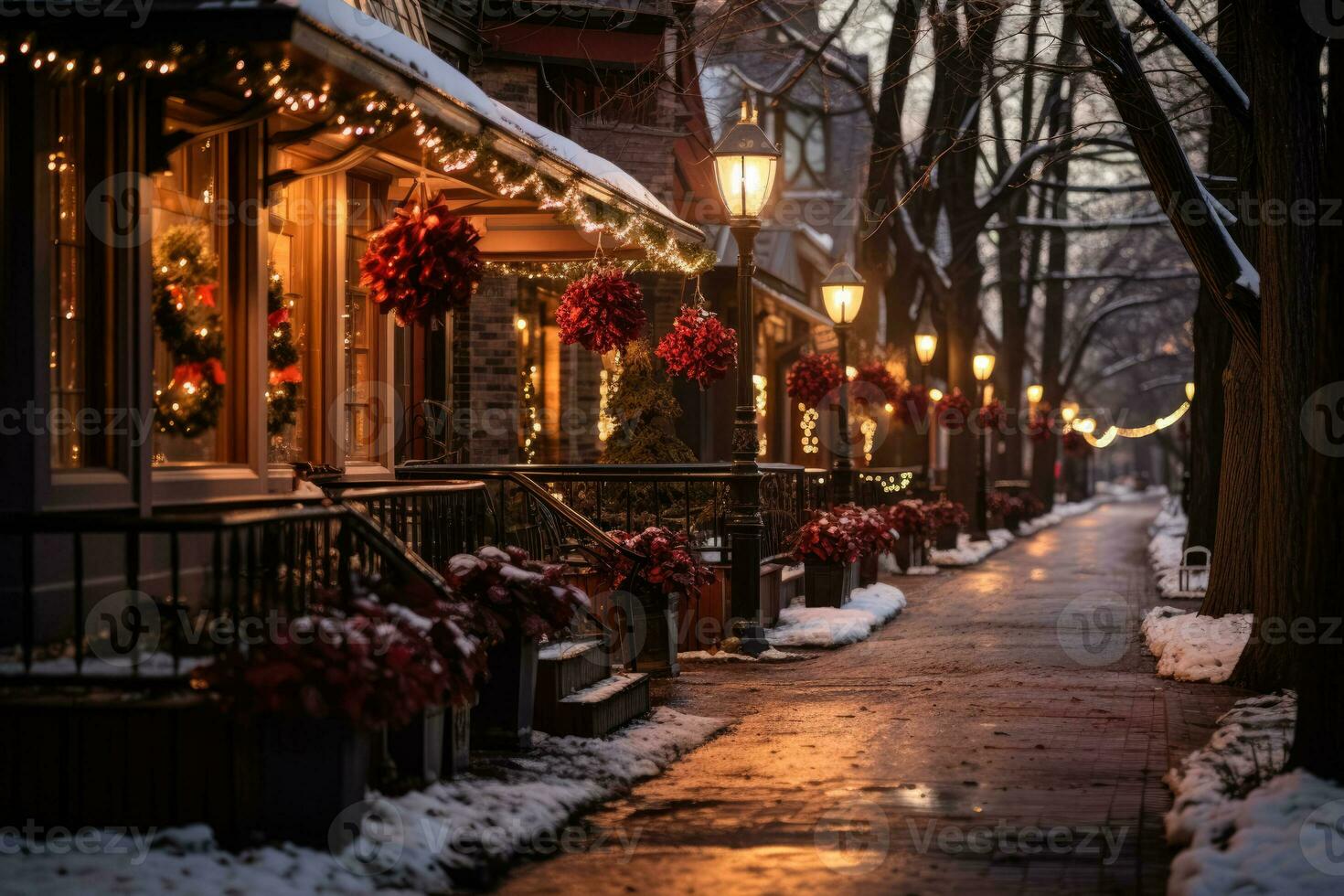 Twinkling lights adorn quaint American town stores for festive Christmas charm photo