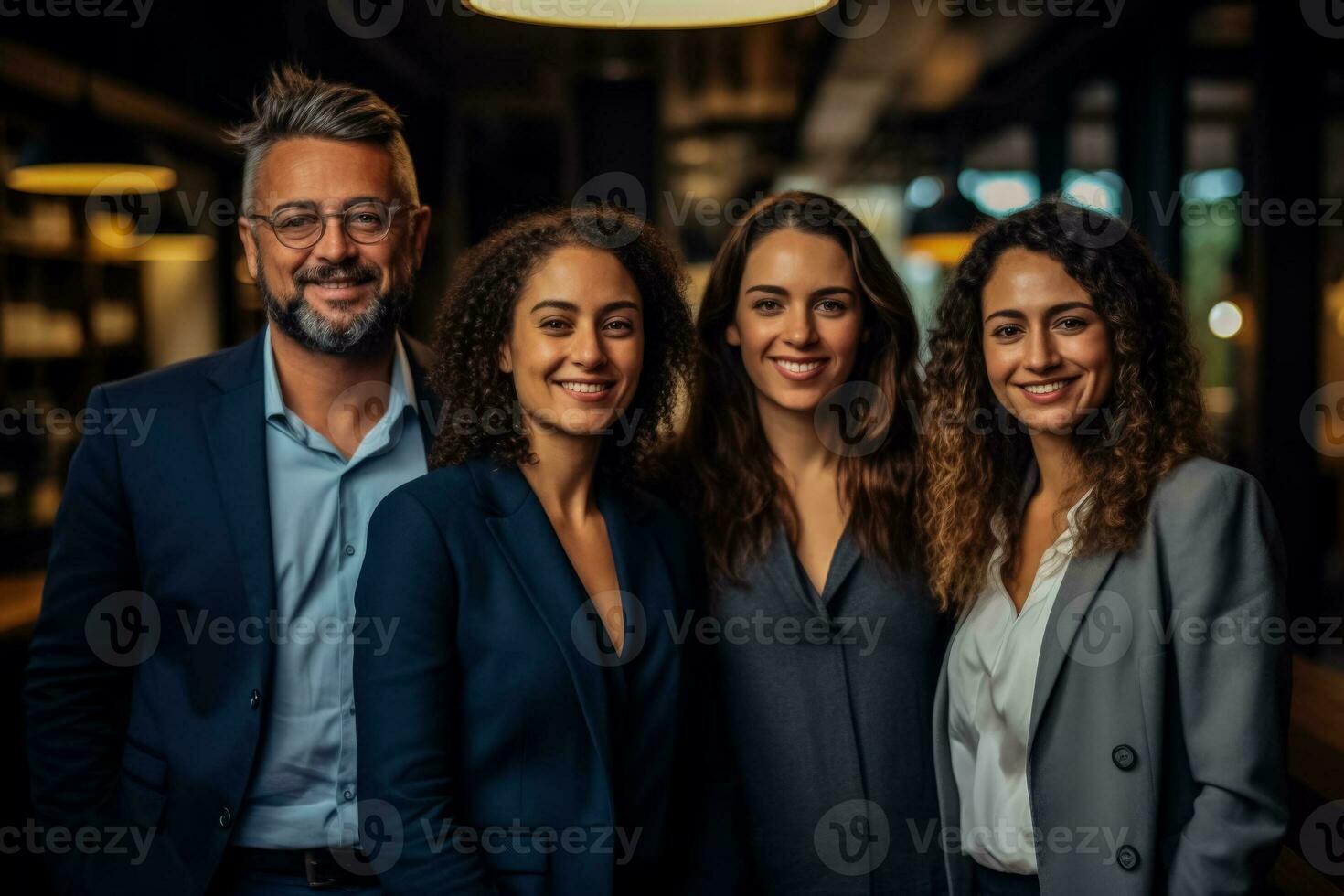 sonriente exitoso multiétnico negocio equipo posando para el cámara foto