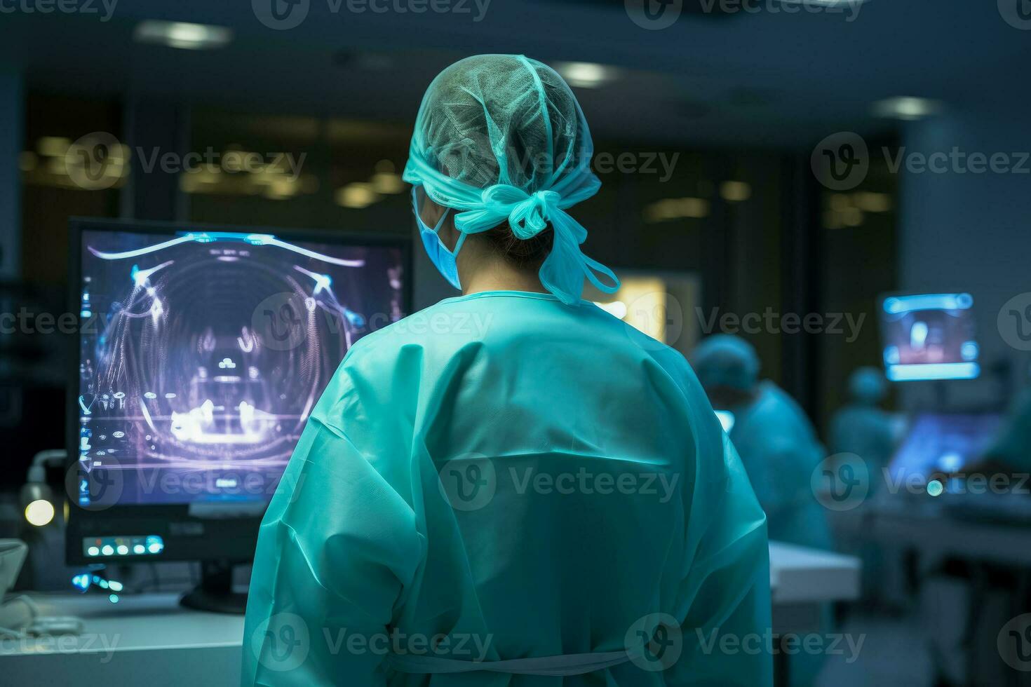 Doctor looks at xray monitor photo