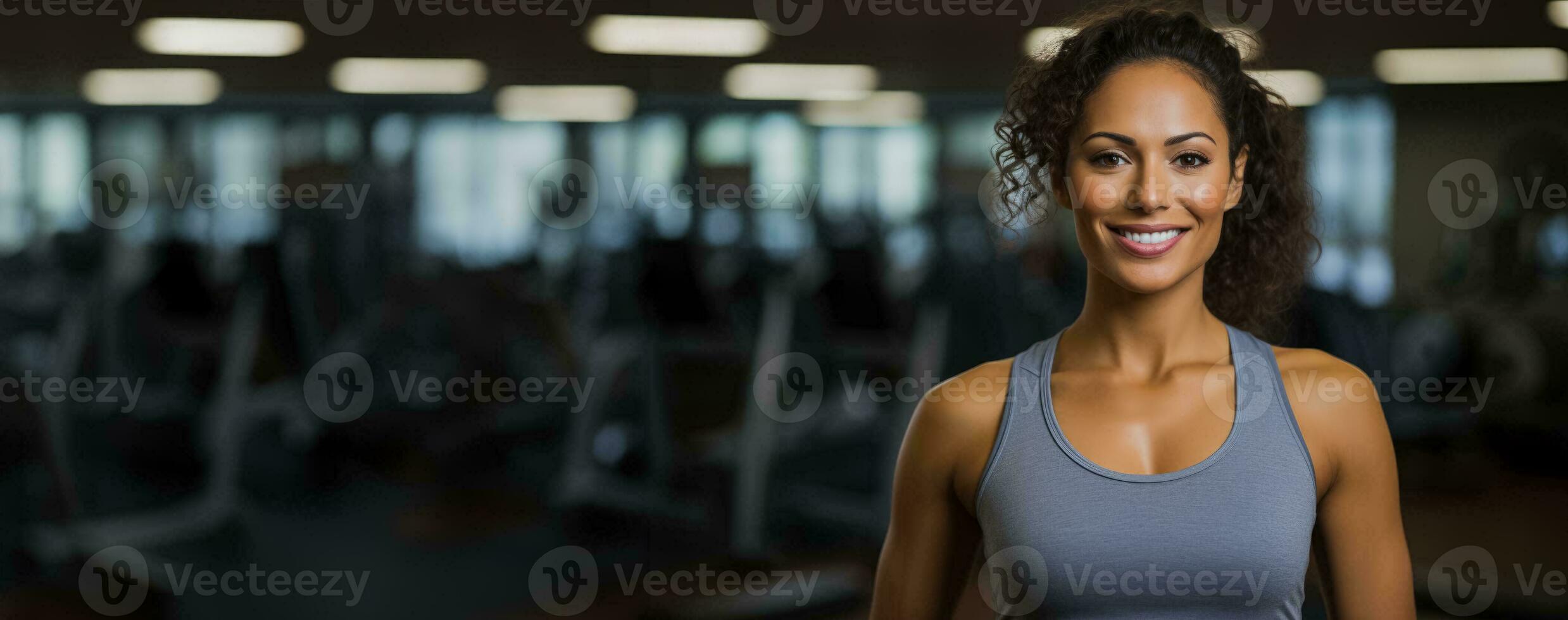 Smiling woman hands on hip stands at the gym photo