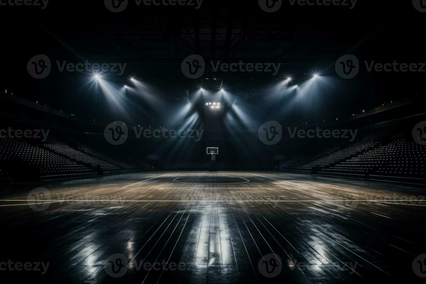Grand basketball arena showcased in the spotlight enveloped in darkness photo