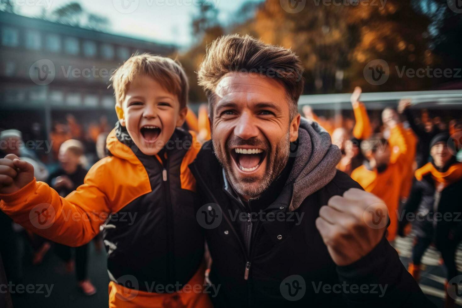 Celebrate victory child soccer player with professional coach photo